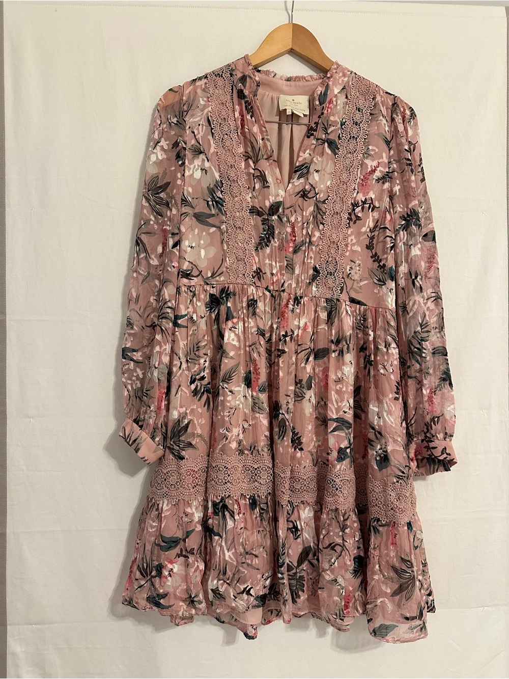 Kate Spade Silk Floral Lace Trim Pink Tiered Midi Dress